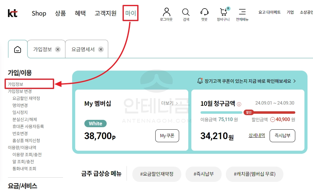 kt 마이 메뉴에서 가입정보 선택