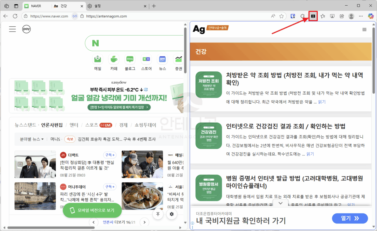 엣지 창에서 분할화면 설정하기