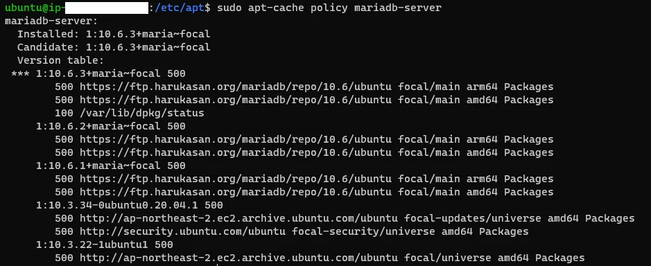 sudo apt-cache policy mariadb-server