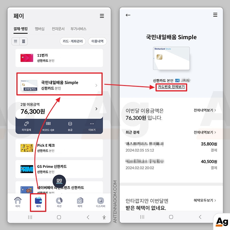 신한카드 앱에서 카드 번호 전체 보기 선택